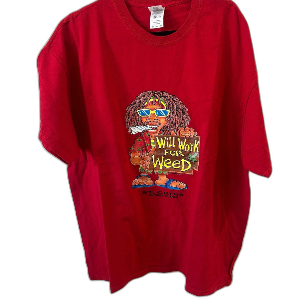 Gildan T-Shirt Men’s Size 2XL Red “Will Work for Weed” St. Croix Ultra Cotton